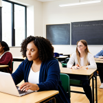 A diverse group of students engaged in a personalized learning experience with AI tutors in a modern classroom, showcasing individualized support and real-time feedback, highlighting inclusivity and adaptive learning.