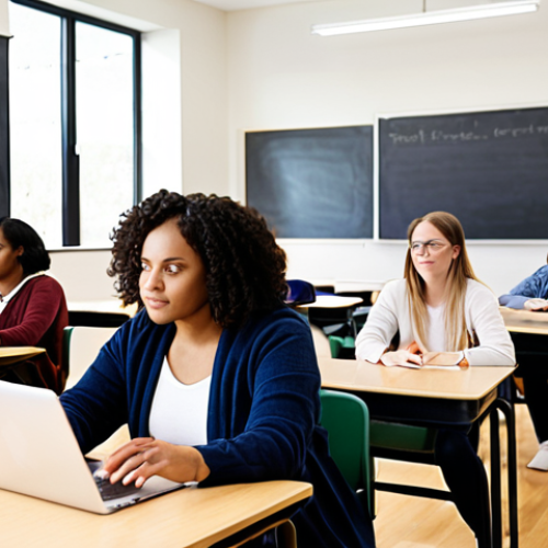 Home 11 A diverse group of students engaged in a personalized learning experience with AI tutors in a modern classroom, showcasing individualized support and real-time feedback, highlighting inclusivity and adaptive learning.