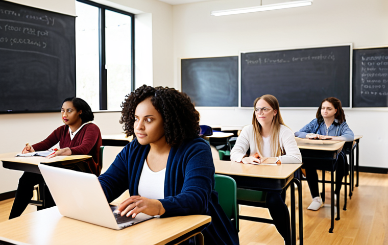 A diverse group of students engaged in a personalized learning experience with AI tutors in a modern classroom, showcasing individualized support and real-time feedback, highlighting inclusivity and adaptive learning.