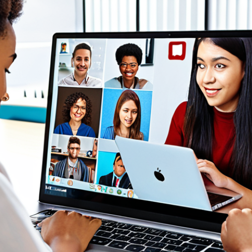 **

A diverse group of students collaborating on a project using laptops and tablets. They are connected virtually via a large screen displaying a social media interface with video call windows. The scene is bright and modern, emphasizing global connectivity and teamwork. Consider adding subtle graphics that visually represent the flow of information and ideas.

**