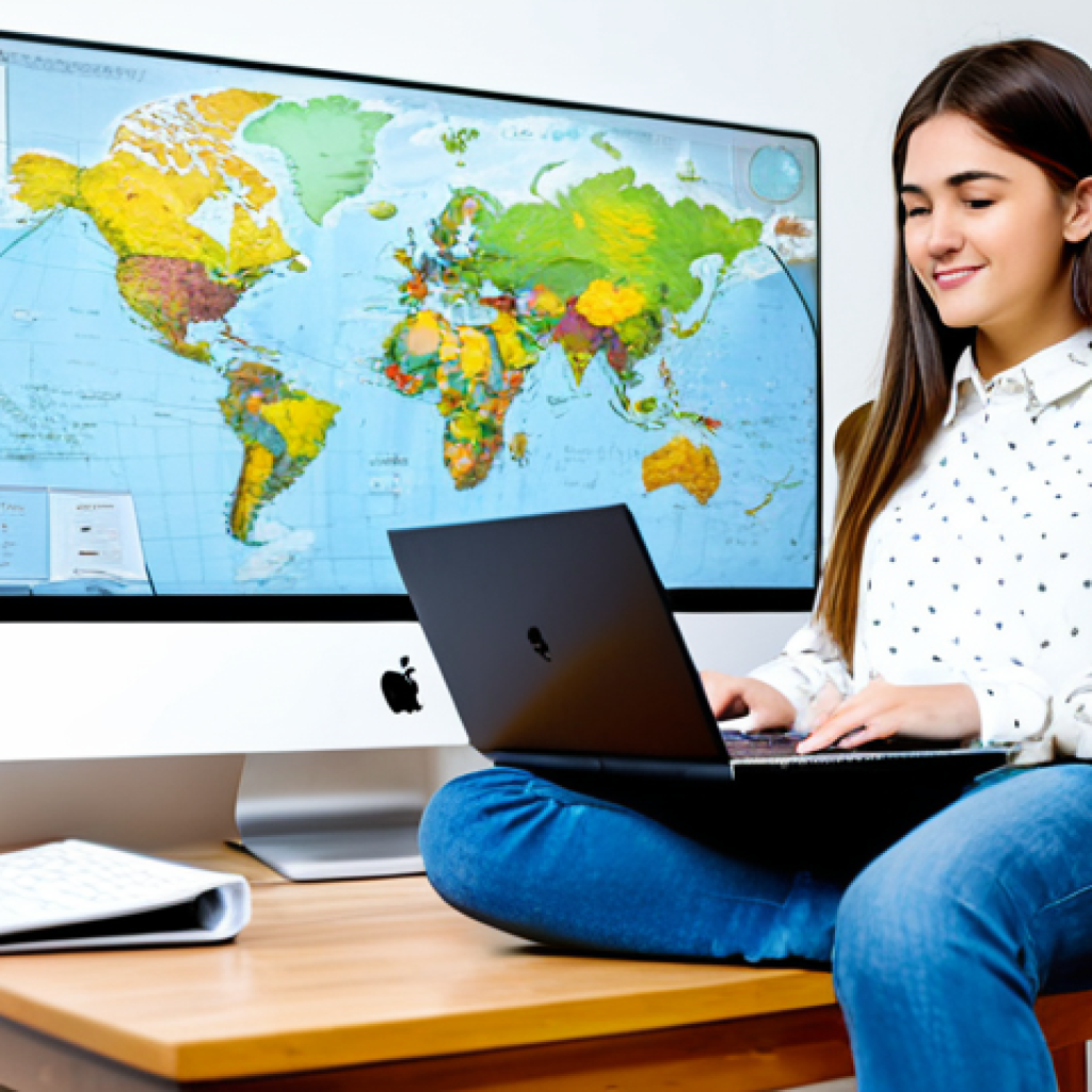Online Education Access**

A young woman in a modest top and jeans, sitting comfortably at a desk in a bright, cozy room, using a laptop, fully clothed, studying astrophysics online, a world map visible in the background, symbolizing global learning, safe for work, perfect anatomy, natural proportions, professional, appropriate content, family-friendly.

**