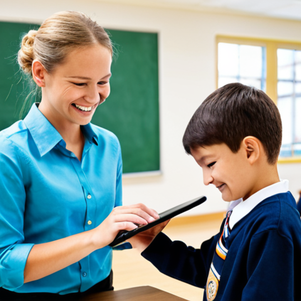 Personalized Learning in Action**
"A bright and modern classroom. A teacher, fully clothed in professional attire, is helping a young student with a tablet. The student is smiling and engaged. Books and learning materials are visible in the background. Focus on personalized learning, technology integration, and student empowerment. Safe for work, appropriate content, professional, modest, perfect anatomy, correct proportions, well-formed hands, proper finger count, natural pose, high resolution."
**