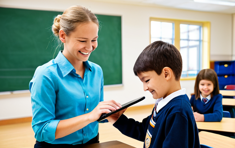 Personalized Learning in Action**
"A bright and modern classroom. A teacher, fully clothed in professional attire, is helping a young student with a tablet. The student is smiling and engaged. Books and learning materials are visible in the background. Focus on personalized learning, technology integration, and student empowerment. Safe for work, appropriate content, professional, modest, perfect anatomy, correct proportions, well-formed hands, proper finger count, natural pose, high resolution."
**