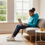 디지털 교육 자원의 접근성과 활용 - **Prompt:** A young adult, dressed in comfortable yet casual attire like a soft hoodie and jeans, is...