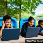미래 교육과 인권  평등한 접근 - A diverse group of school-age children in a rural American community gathered around a mobile learni...