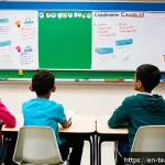 학생의 동기 부여를 위한 접근법 - A modern, bright classroom filled with diverse middle school students actively engaged in a group di...