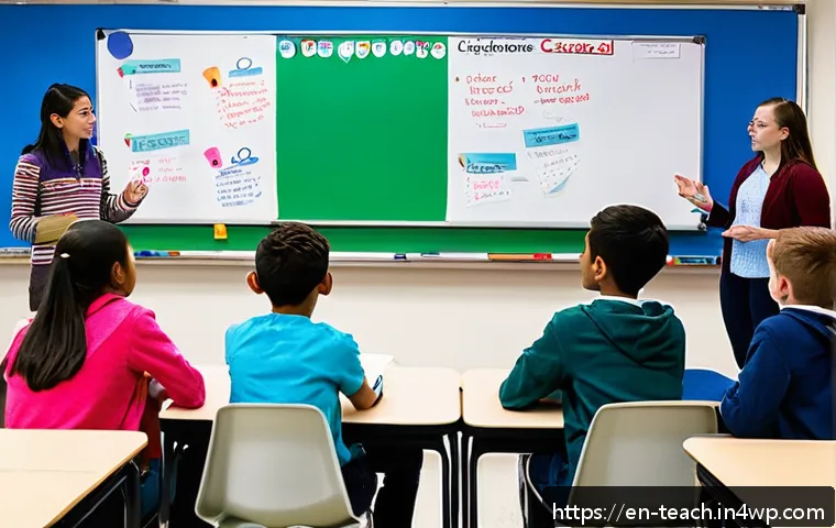 학생의 동기 부여를 위한 접근법 - A modern, bright classroom filled with diverse middle school students actively engaged in a group di...