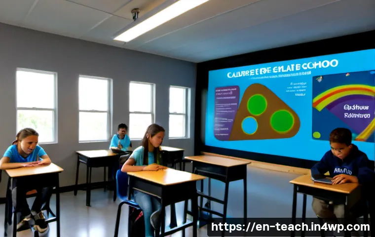 교실 혁신을 위한 최신 기술 트렌드 - Photorealistic modern American middle school classroom during an interactive science lesson, diverse...