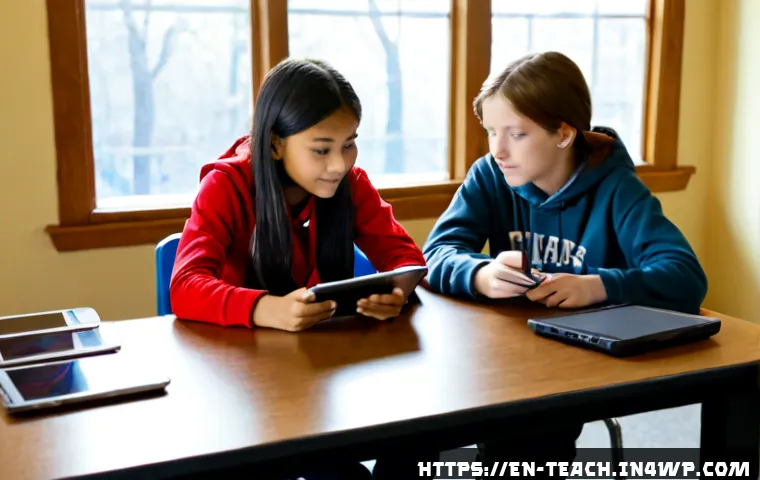 Home 17 학생의 디지털 시민 의식 함양 - Photorealistic middle school classroom in the United States, a diverse group of students seated at a...